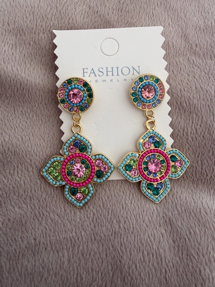 Boho Pink & Turquoise Crystal Cross Drop Earrings | Gold Statement Earrings | Festival, Holiday & Su