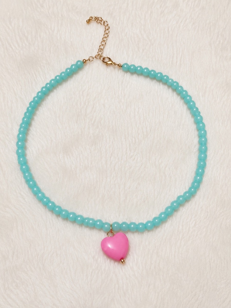 Stunning aqua blue and hot pink  heart bead necklace