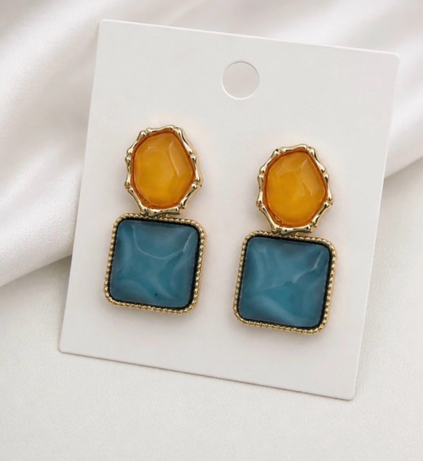 🧡 Bold, Bright & Beautiful Amber & Turquoise Statement Drop Earrings | Brand New 🩵