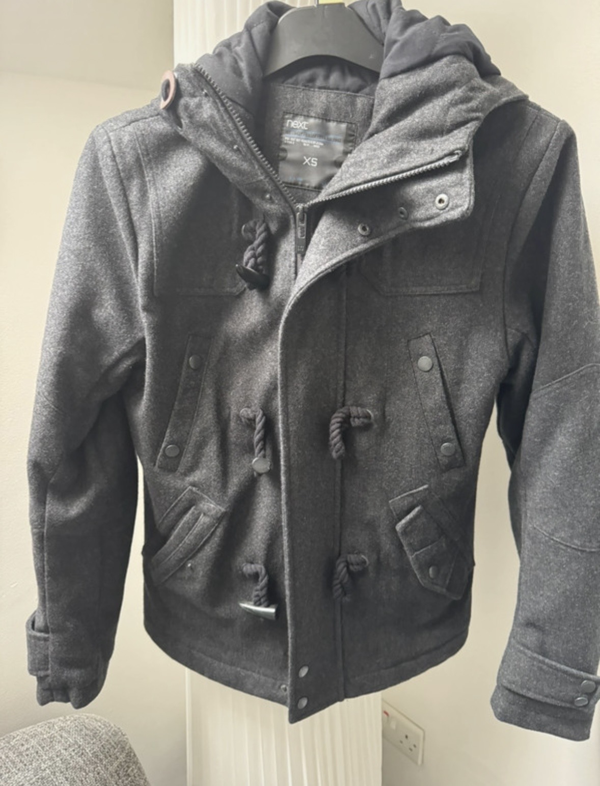 Men’s hooded charcoal grey duffle coat -xs
