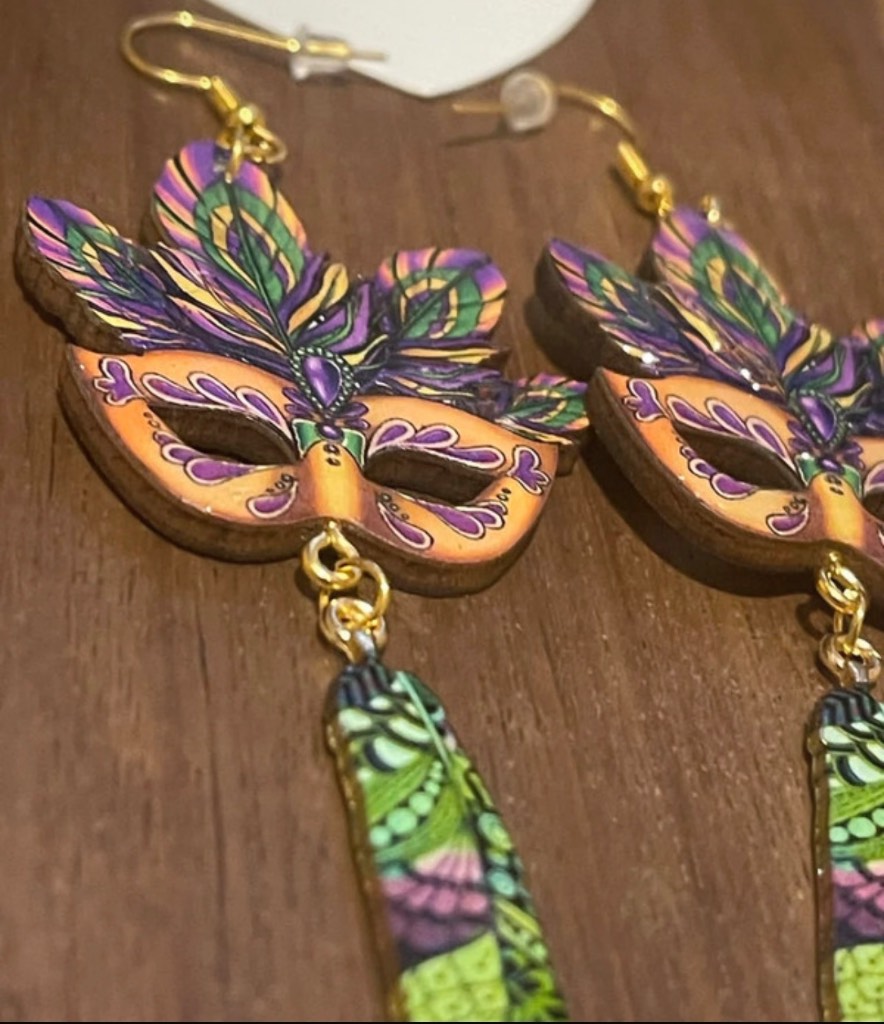 carnival mask feather drop earrings colourful statement earrings