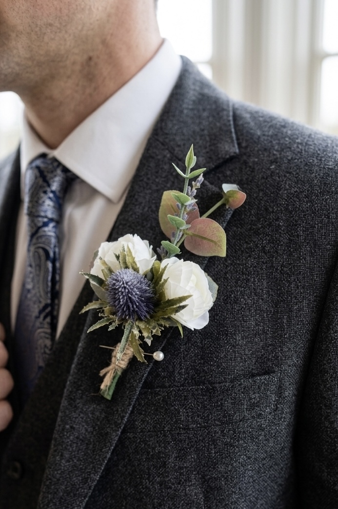 Scottish themed thistle and rose boutonniere