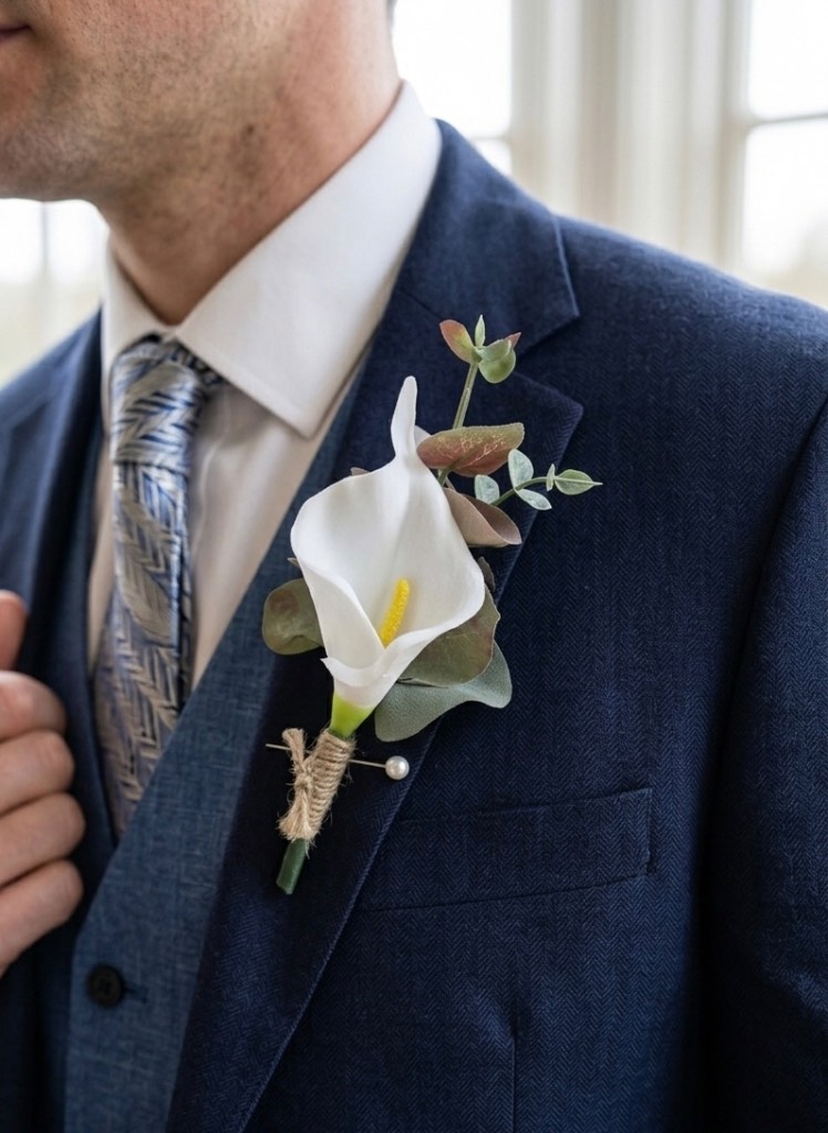 Cala Lilly boutonniere with eucalyptus
