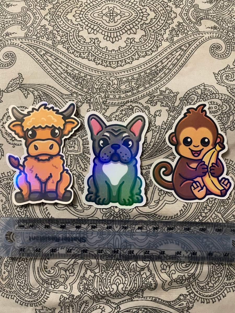 Holographic Stickers: Highland Cow, Monkey, French Bulldog