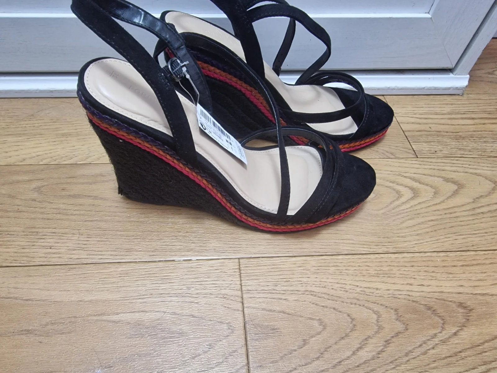 Next Womens Black Strappy High Wedge Sandals Espadrille Trim BNWT Size UK 5 EU 38