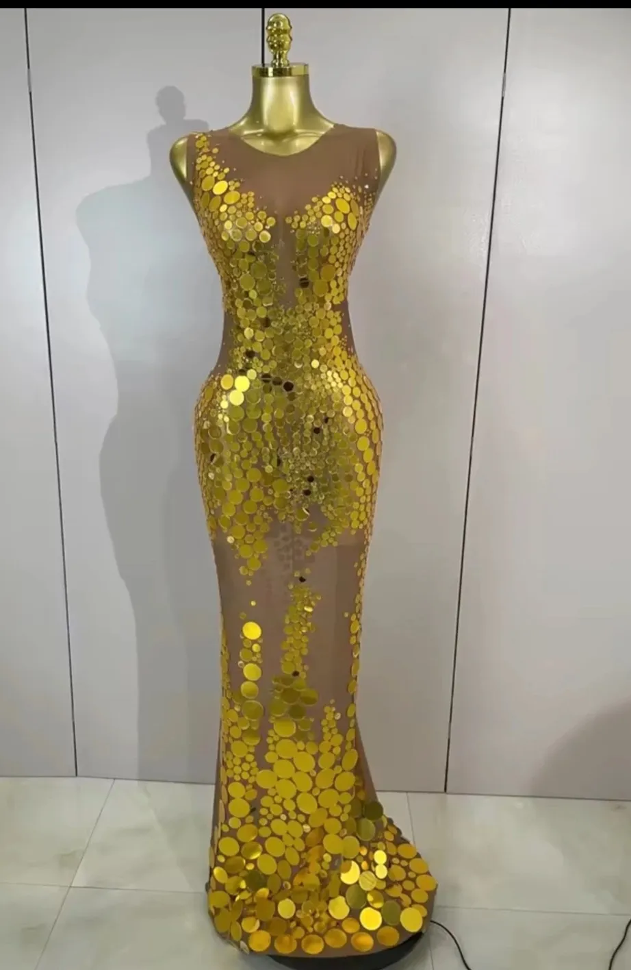 Glamorous Gold Mirror Sequin Illusion  Party Dress