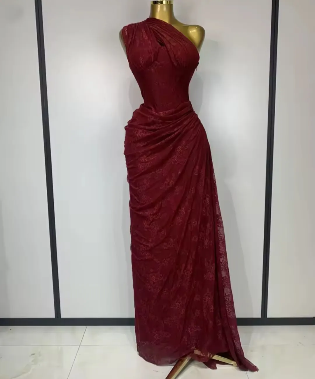 Elegant One Shoulder Burgundy Lace Evening Gown