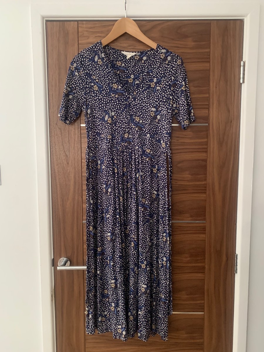 Seasalt Cornwall Floral Midi Dress UK 10 Navy Blue Short Sleeve