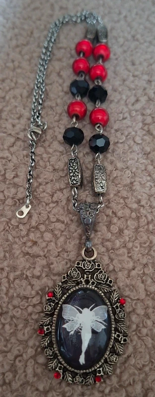 Gothic Fairy Cameo Necklace Handmade France Red Black Beaded Pendant Gift Bag