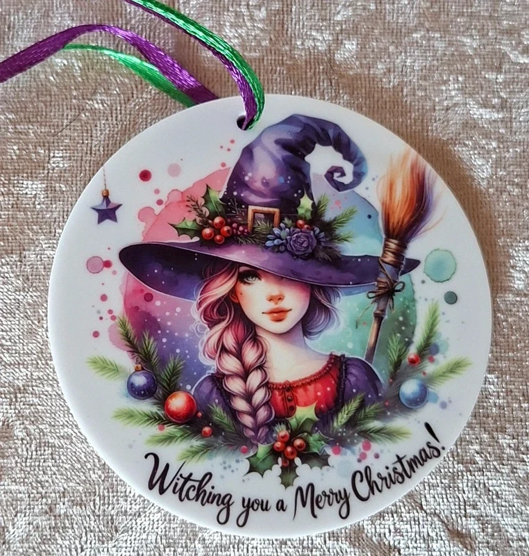 Witchy Christmas Tree Bauble – "Witching You A Merry Christmas" Gothic Ornament 8cm