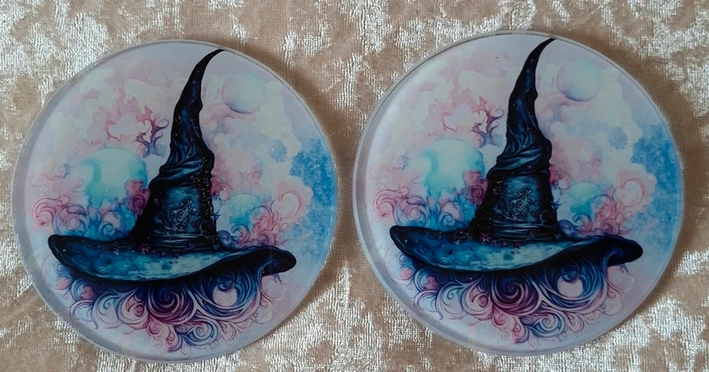 Gothic Witch Hat Glass Coasters Set – Pastel Celestial Magic Drink Mat Pair 10cm
