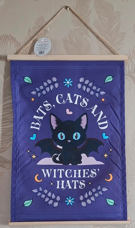 Cute Bat Cat Fabric Wall Banner – "Bats, Cats and Witches' Hats" Gothic Banner Decor 58cm