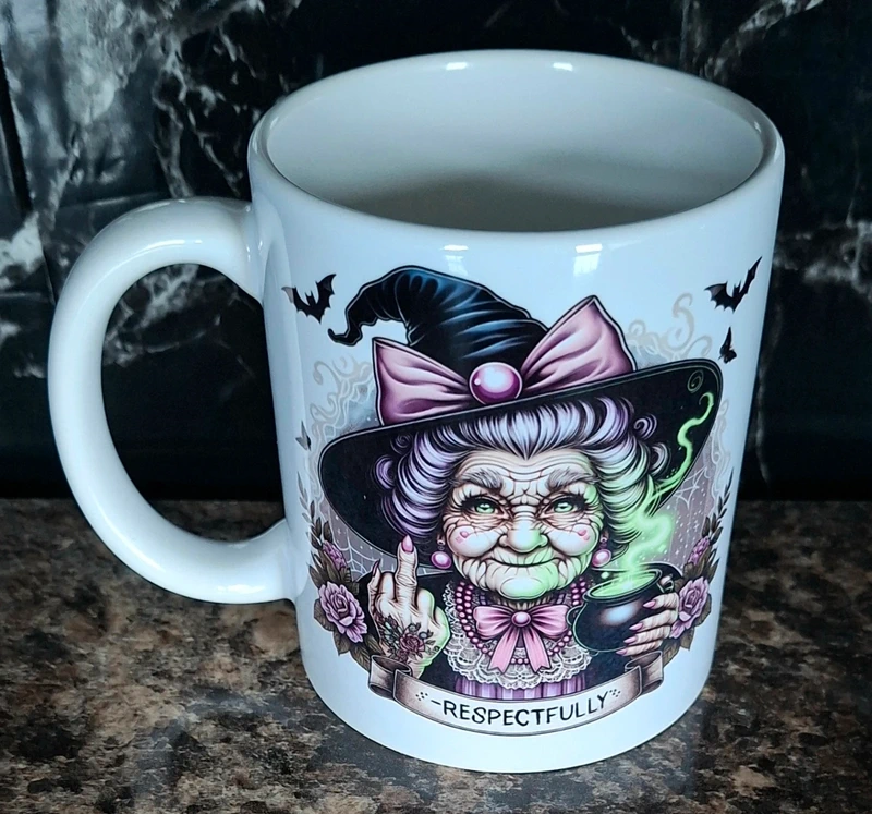 Funny Witch Ceramic Mug – "Respectfully" Middle Finger Gothic Coffee Cup Gift 11oz