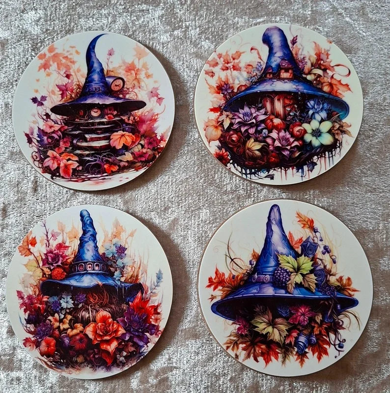 Gothic Witchy Autumn Coasters Set of 4 – Floral Witch Hat Coffee Table Decor Gift