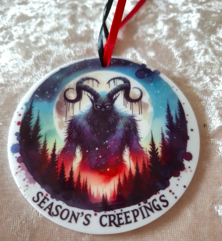 Gothic Krampus Christmas Bauble – "Season's Creepings" Spooky Xmas Decoration 8cm
