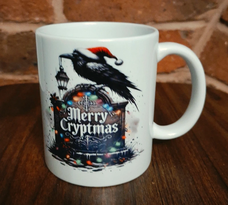 Gothic Merry Cryptmas Ceramic Coffee Mug, Crow Lover Gift