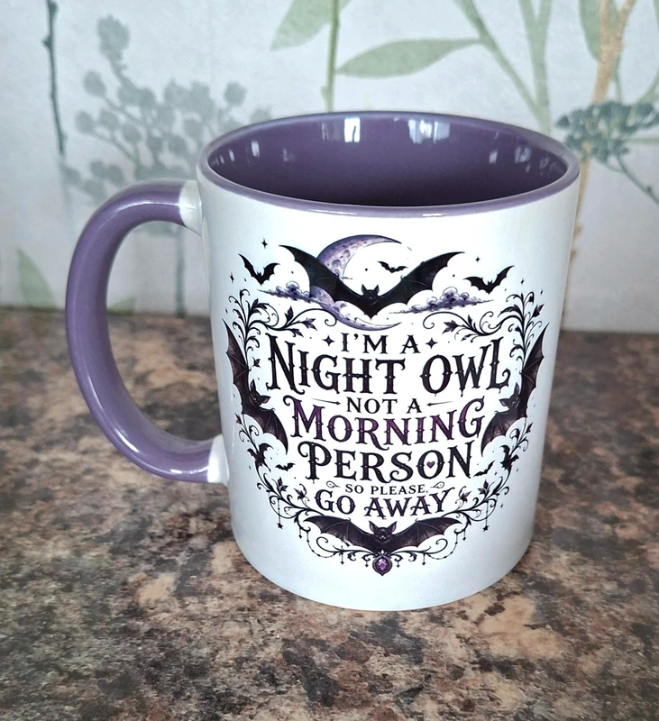 Gothic Night Owl Coffee Mug Funny Morning Person Two Tone Purple Bat Cup Gift