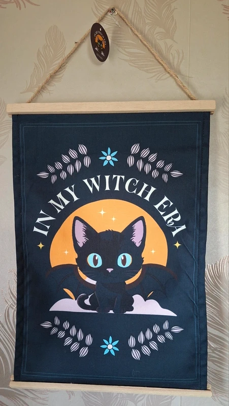 In My Witch Era Bat Cat Fabric Wall Hanging Banner Gothic Halloween Decor 58cm