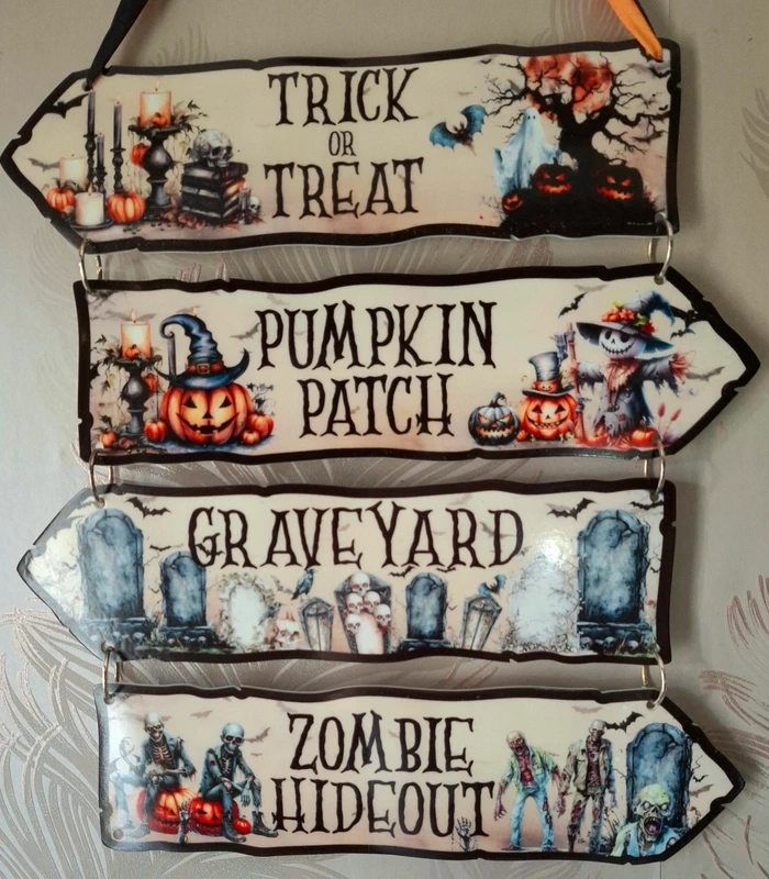 Halloween Directional Sign - 4 Tier Hanging Acrylic Wall Plaque - Trick or Treat Decor