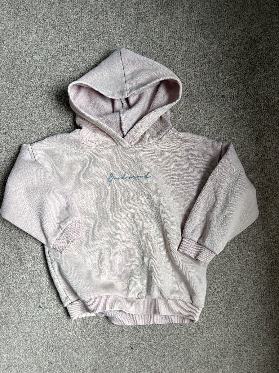 Kids hoodie age 18-24 months colour beige with a pink hue "Good Mood" logo on front