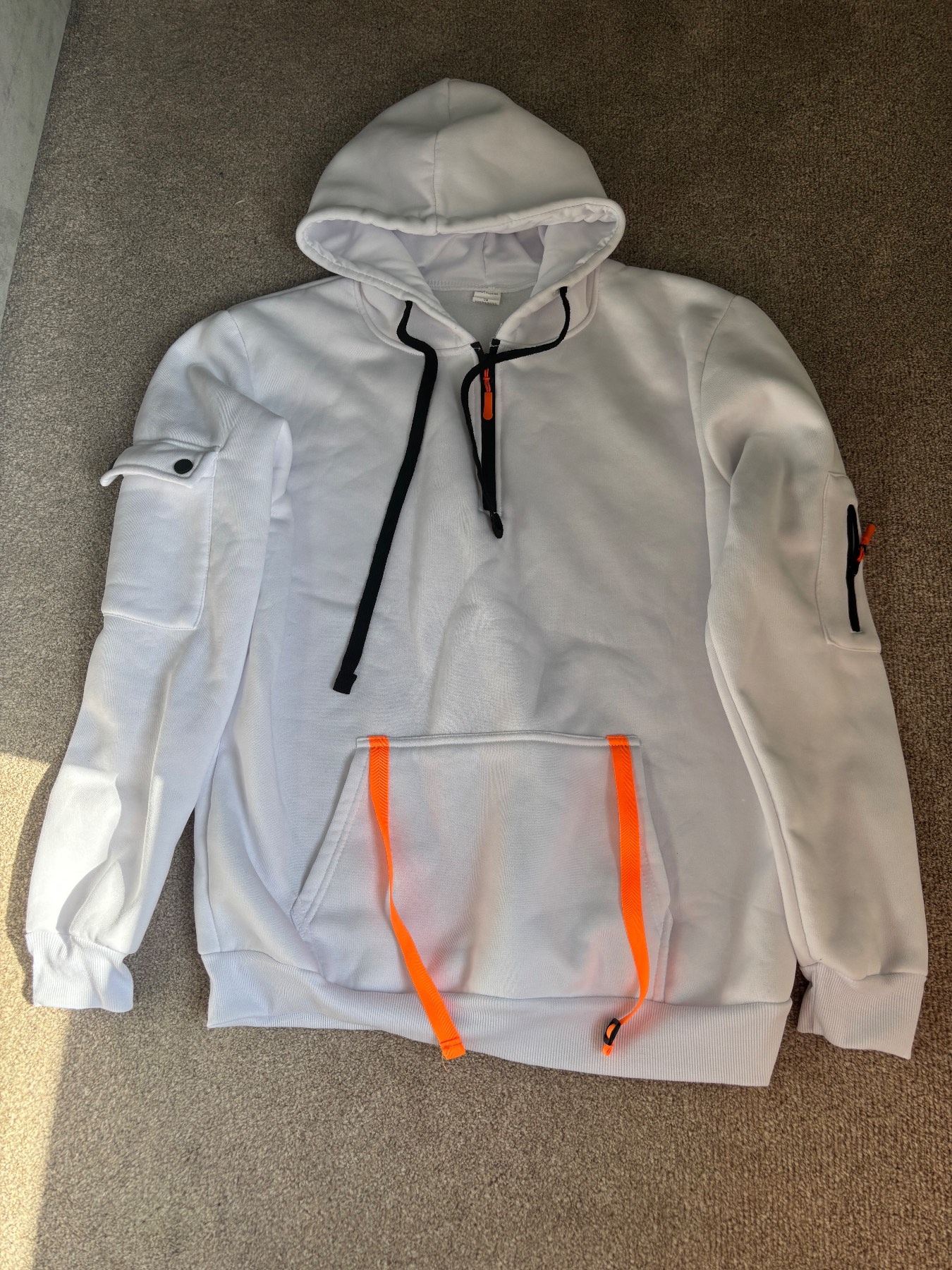 Men's White Utility Techwear Hoodie - Quarter Zip with Orange Accents size Small