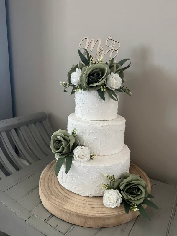 Tuscany Wedding cake flowers Sage Green white roses wooden style Mr & Mrs topper