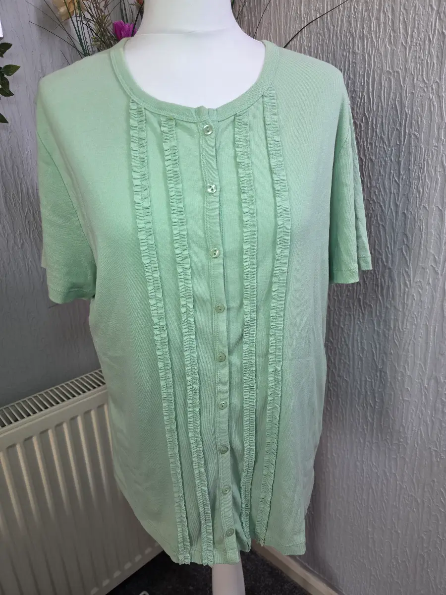 Cotton Traders Mint Green Frill Detail Cotton Top UK 20 Short Sleeve ref W240