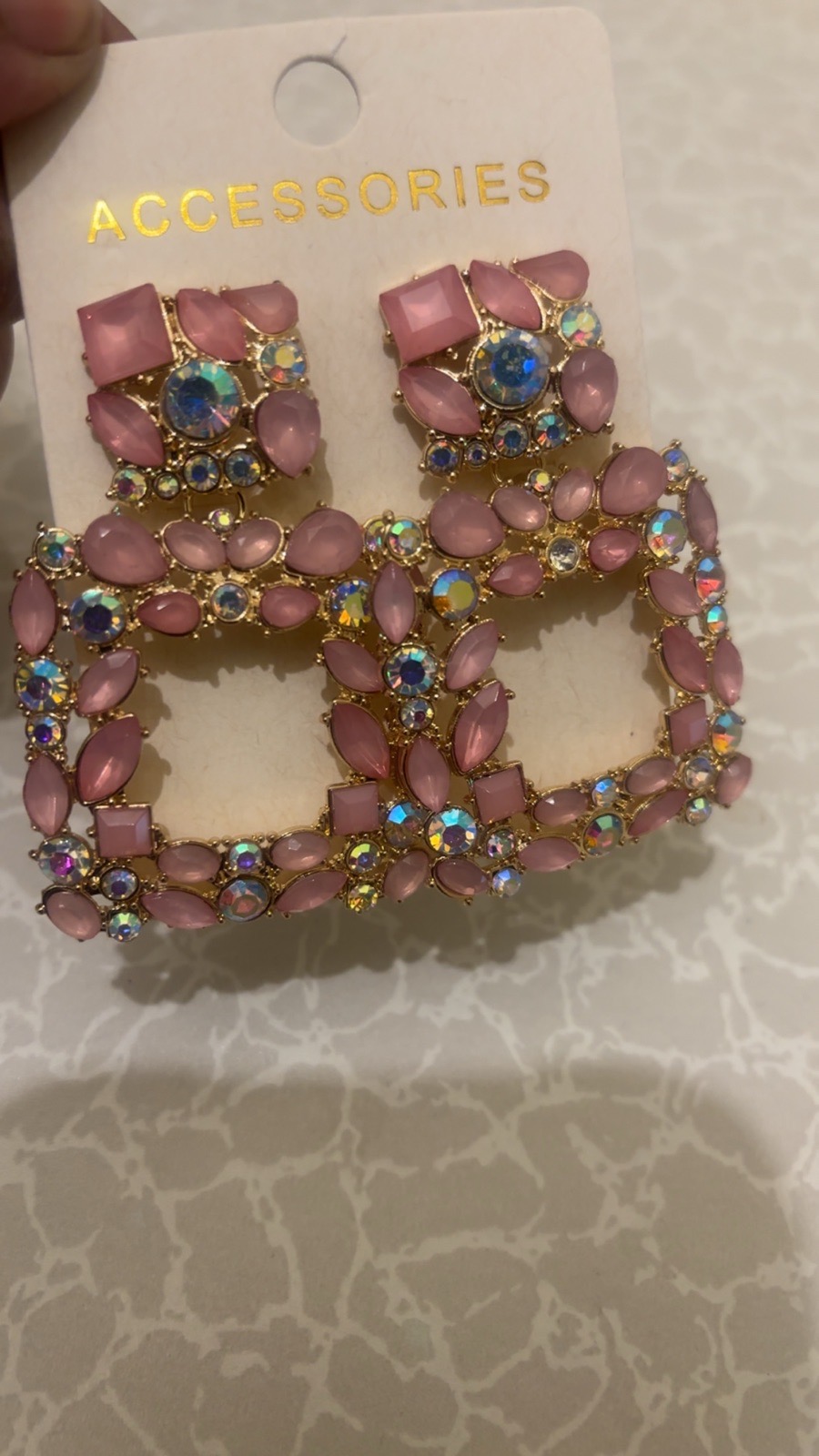 Pink Crystal Square Statement Earrings
