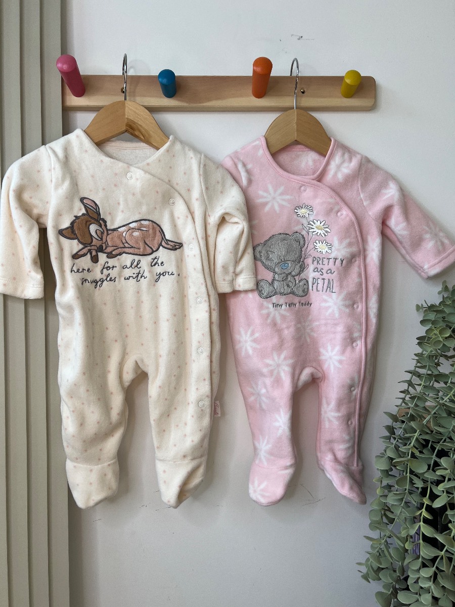 George Baby Fleece Sleepsuits Bundle - Disney Bambi & Tatty Teddy - 0-3 months