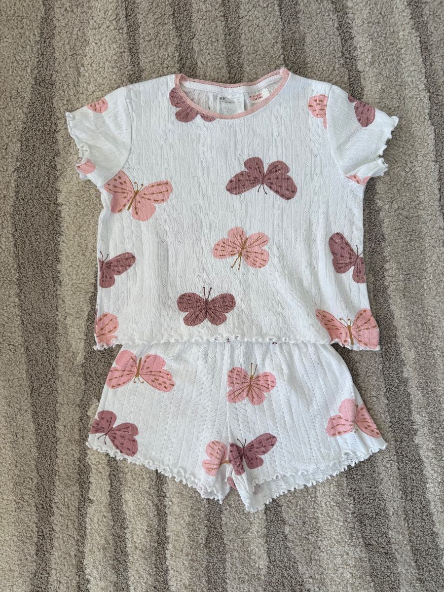 H&M Girls White and Pink Butterfly Pyjamas Short Set- 2-4 Years