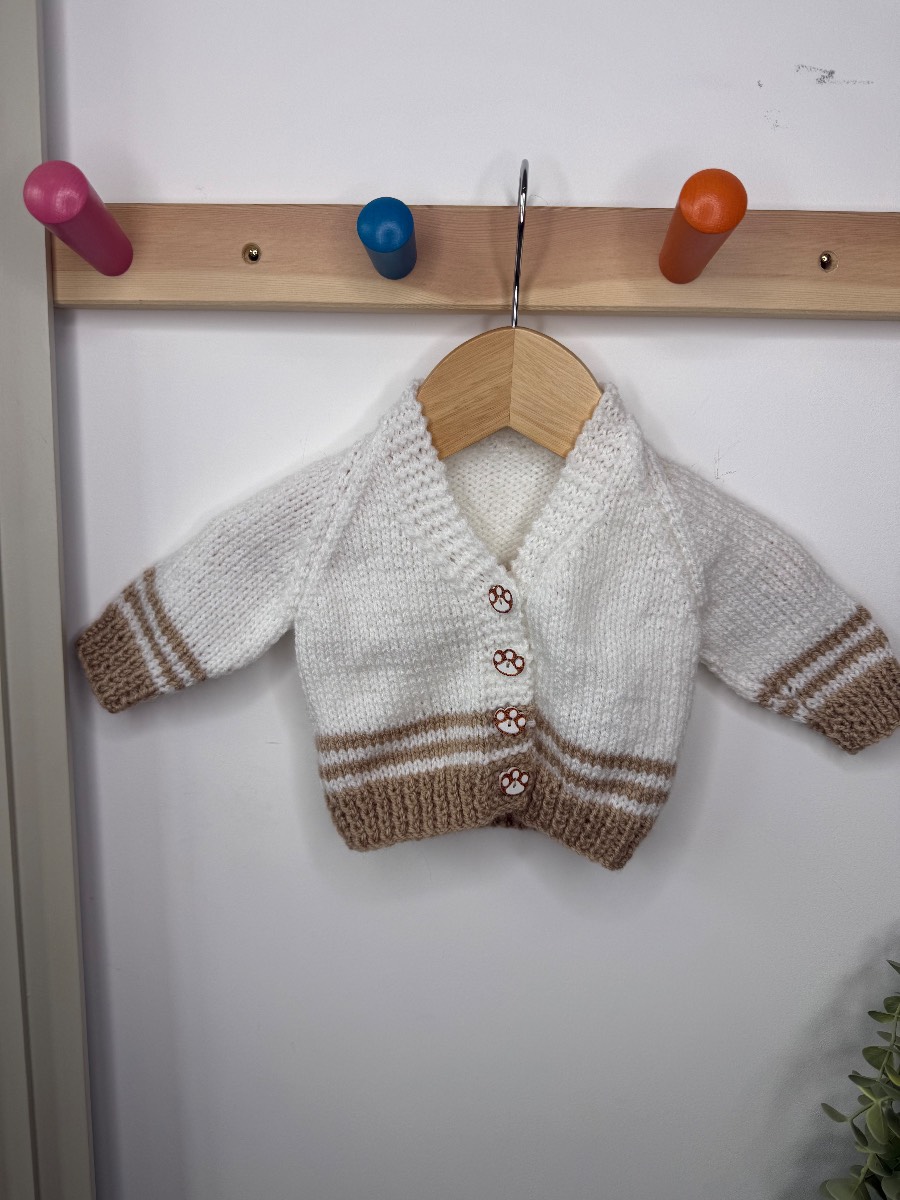 Hand Knitted Cream & Tan Striped Baby Cardigan