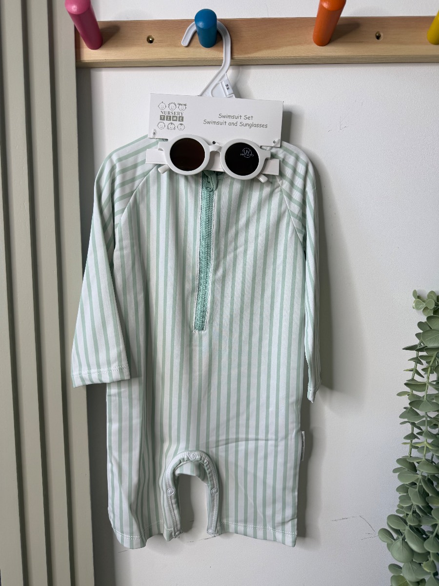 Nursery Time Baby Mint Striped Zip Up Swimsuit & Sunglasses Set - 18 Months