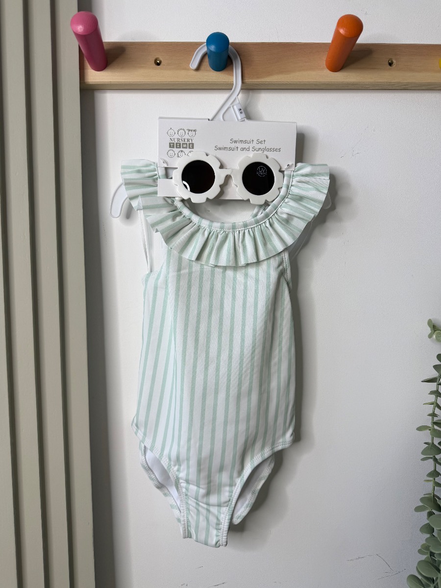 Nursery Time Girls Mint Green Stripe Frill Swimsuit & Flower Sunglasses Set - 24 Months