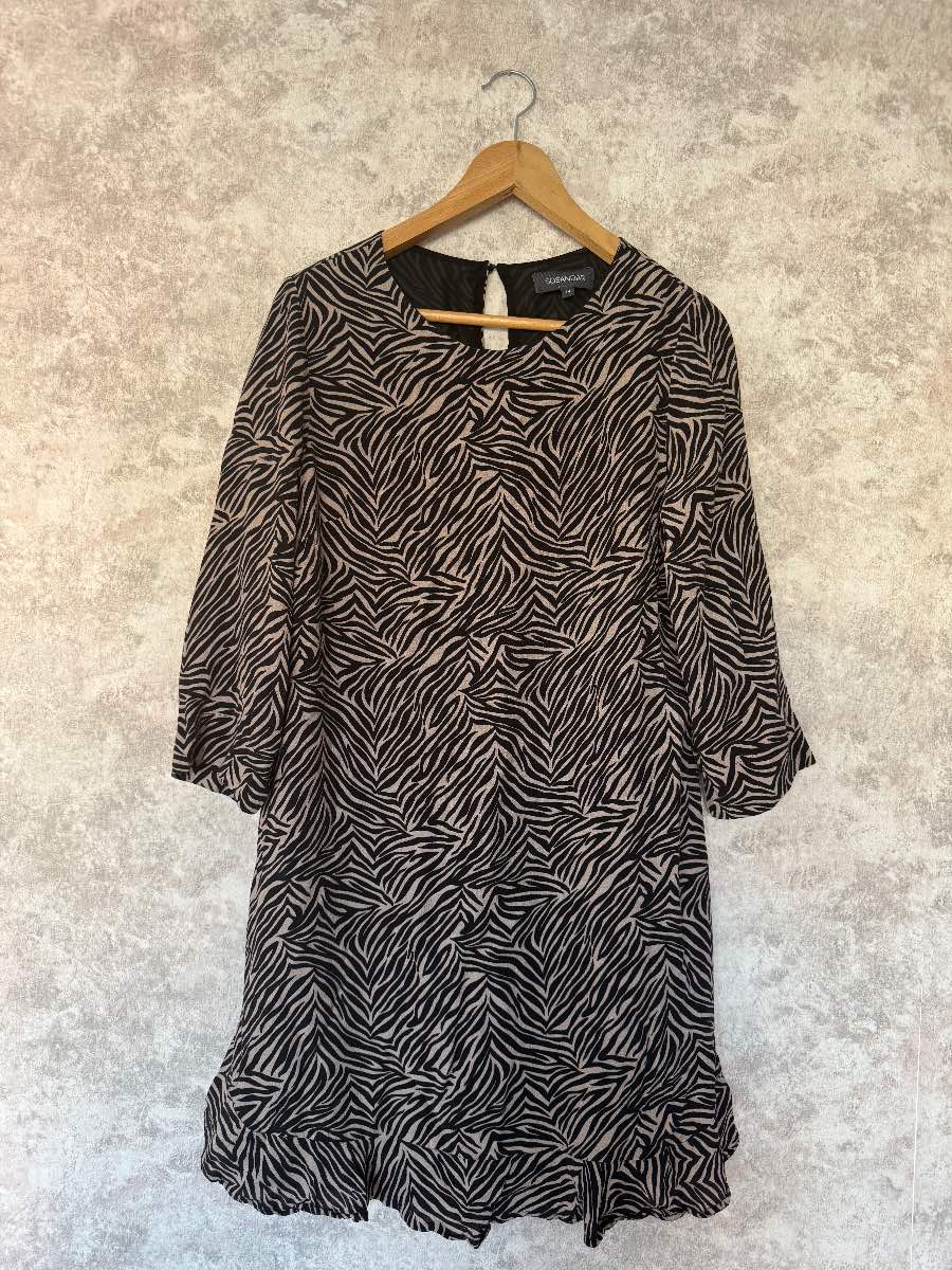 Sosandar Neutral Zebra Print Ruffle Hem Dress- Size 14