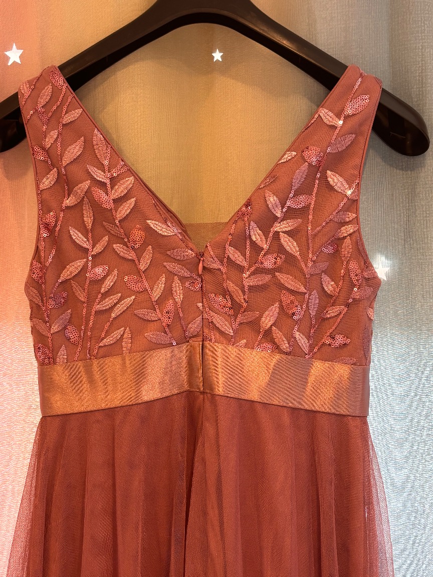 Dusty Rose Sequin Leaf Embroidered Tulle Maxi Dress