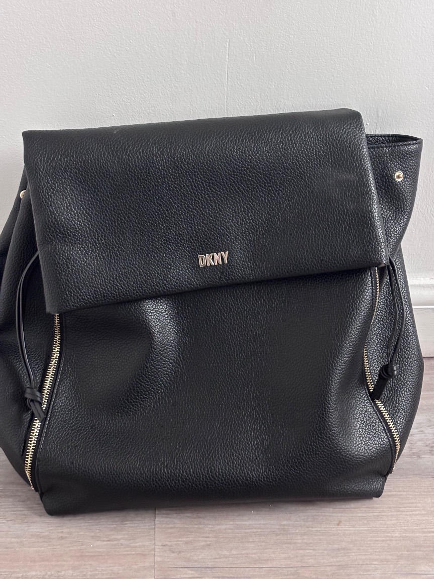 DKNY Black Pebbled Faux Leather Foldover Backpack Bag