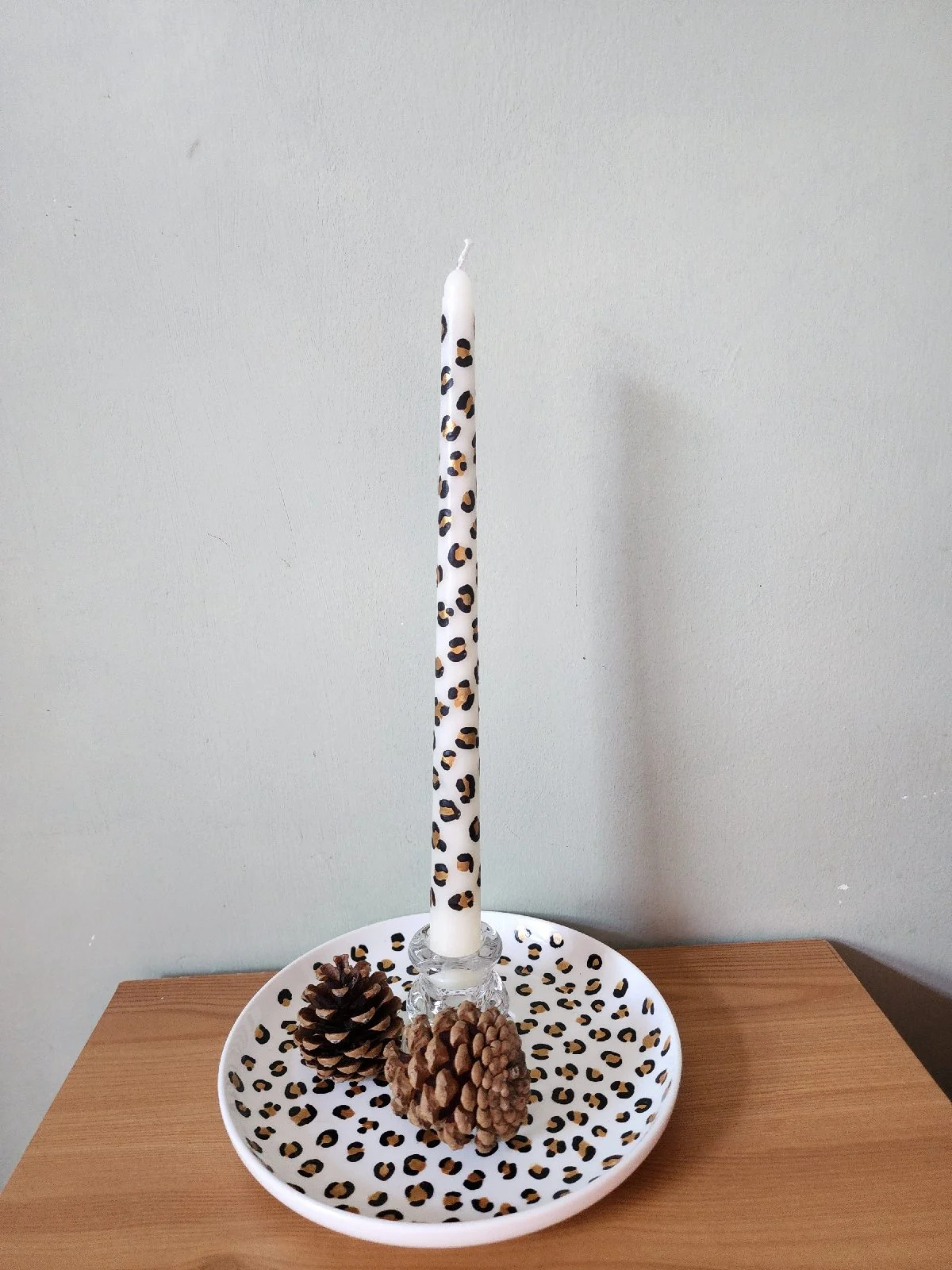 Hand painted leopard print tapered dinner candle single 30cm