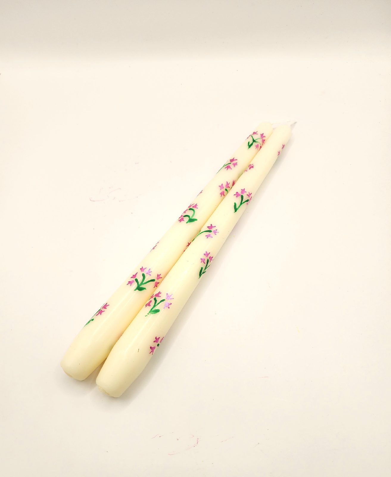 Hand painted floral candles Pink Green 24cm