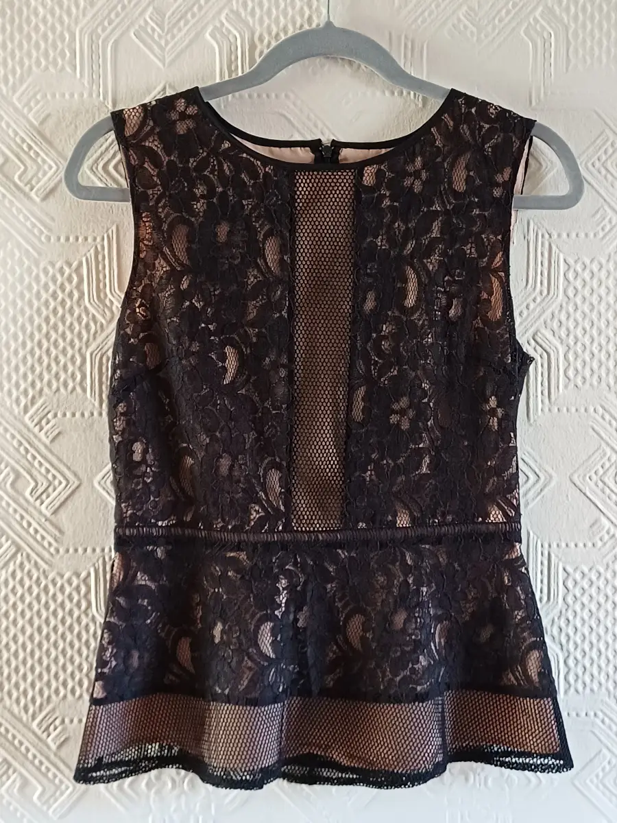 Oasis Black Lace Peplum Top – Size 10