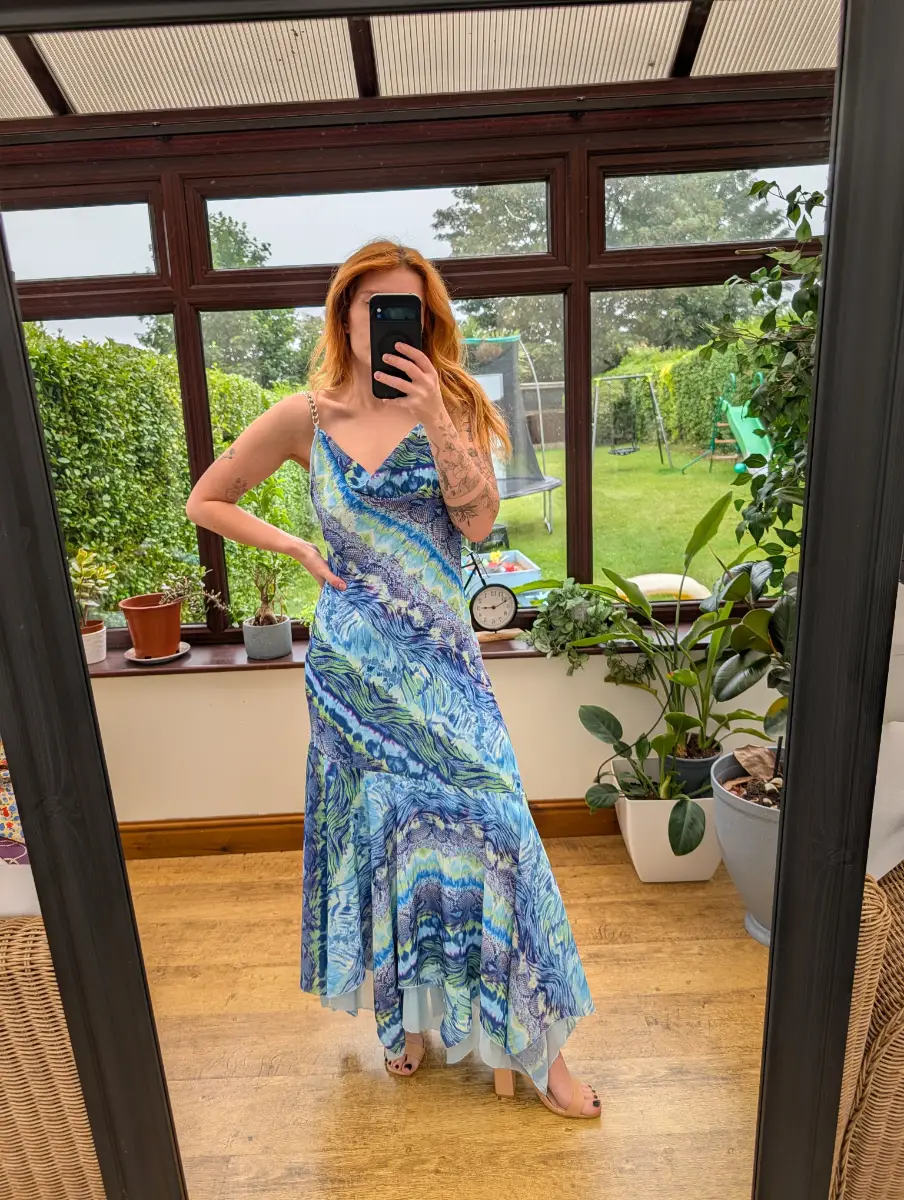 OCCO Paris Blue Green Patterned Maxi Dress T44 / Approx UK 14–16