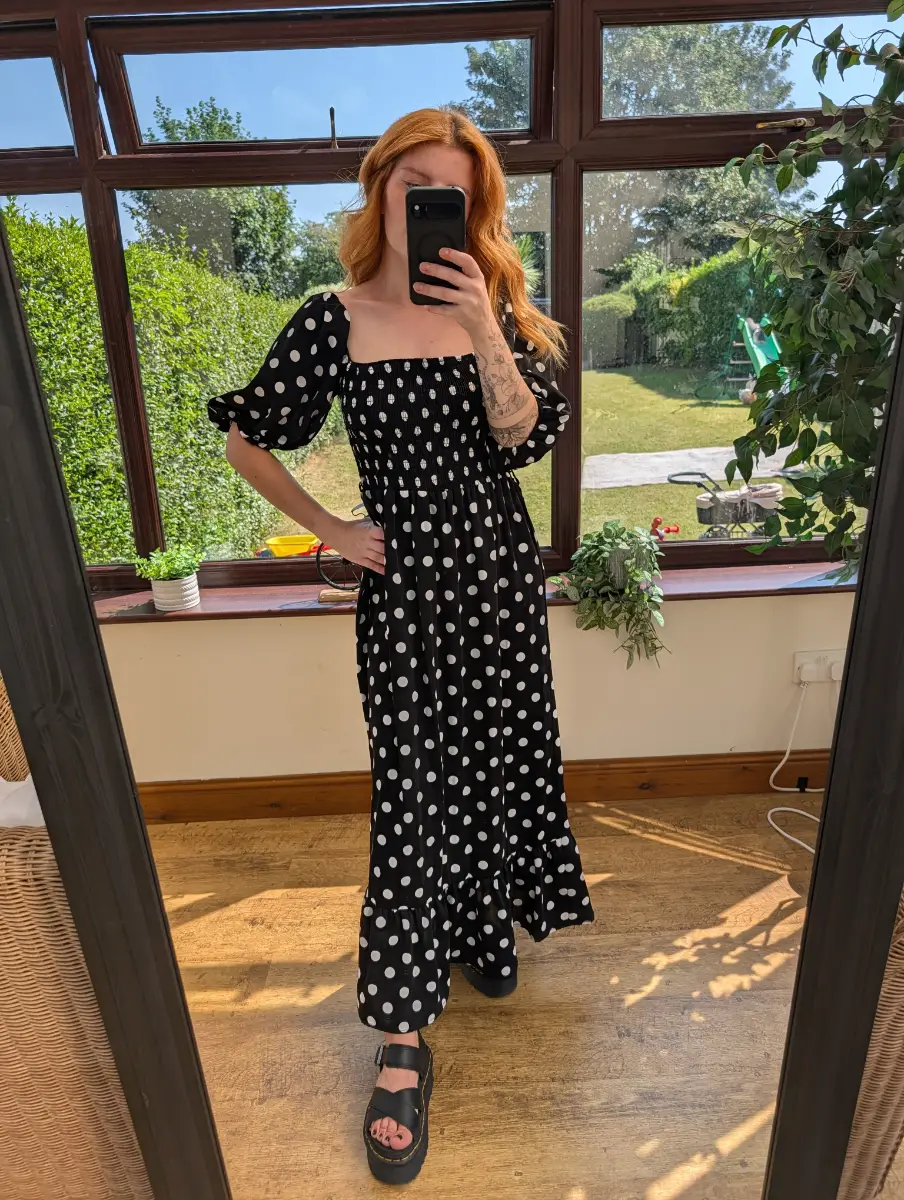 Lola May black polka dot shirred maxi dress size S