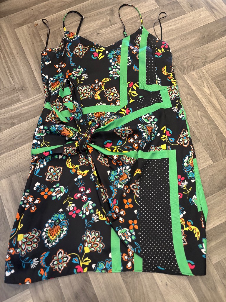 River Island Black Floral Strapy Sash Tie Front Dress Holiday Beach Size UK10