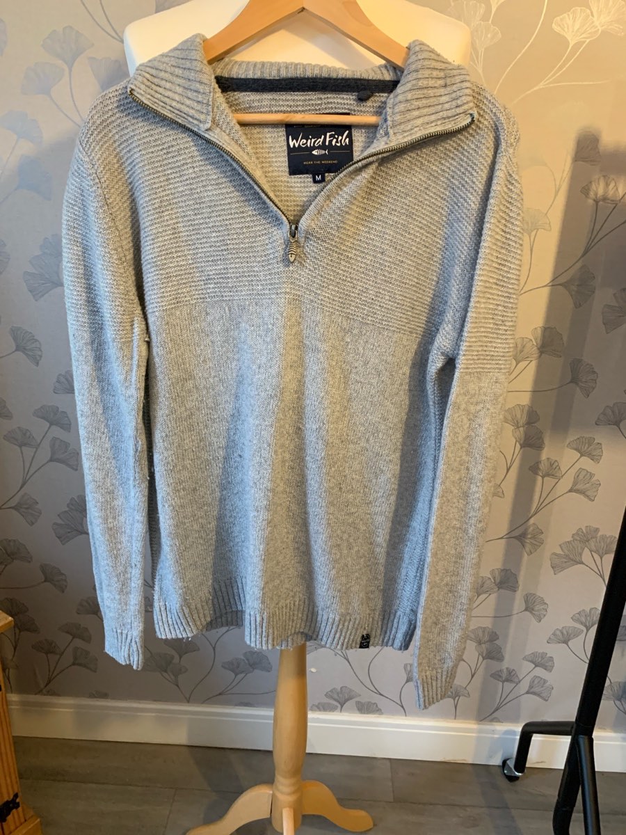 Weird Fish Grey 1/4 Zip Knit Jumper Men’s Medium | Funnel Neck Cotton Blend Pullover