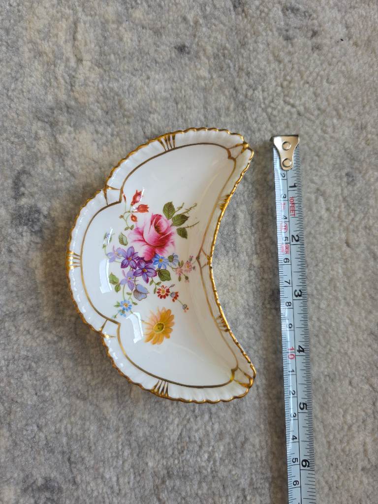 Vintage Royal Crown Derby Half-Moon Posy Dish with Vibrant Floral Design