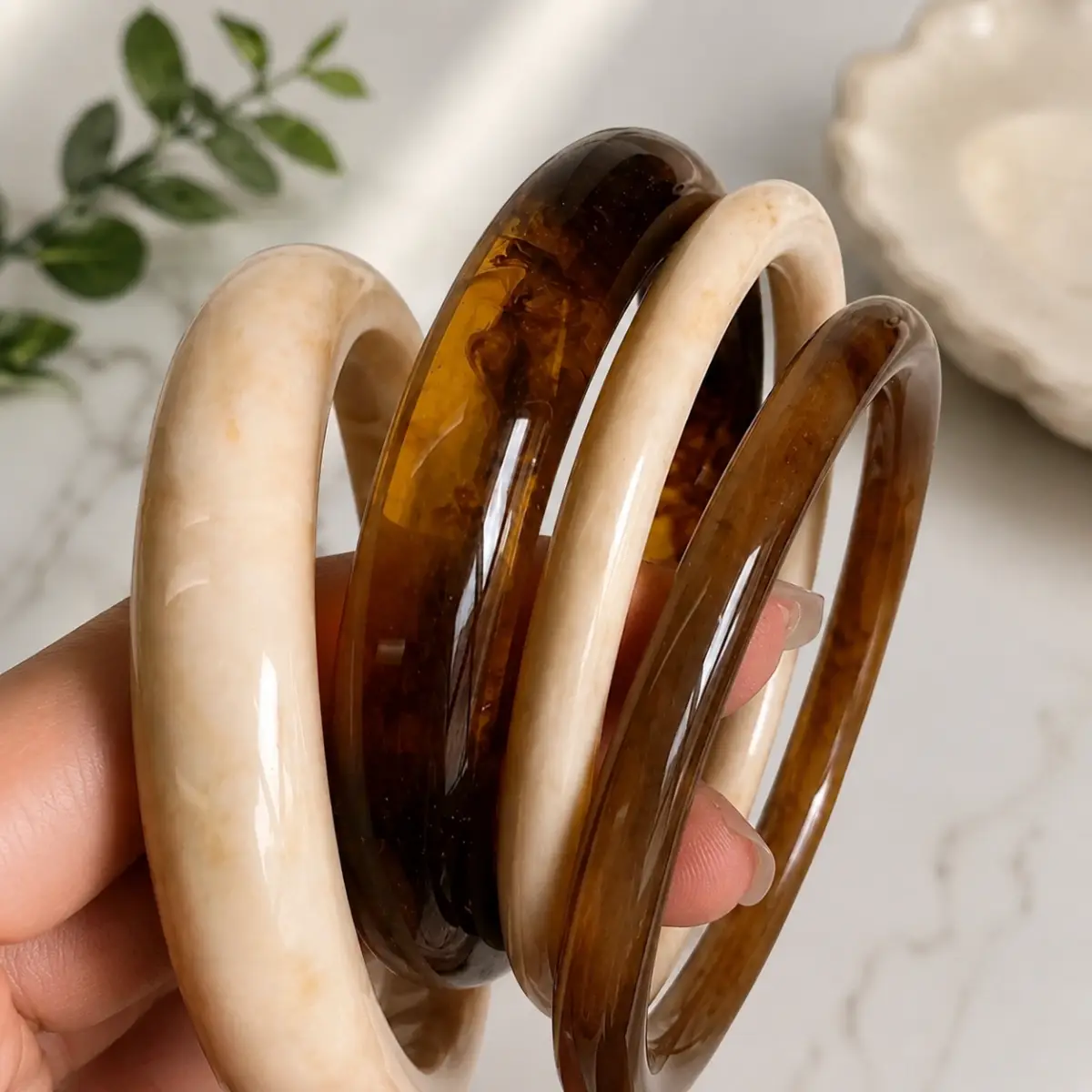 Y2K Resin Bangle Bracelet 4pc set Cream Chunky Retro Boho Bangles Stacking Bracelet Jewellery