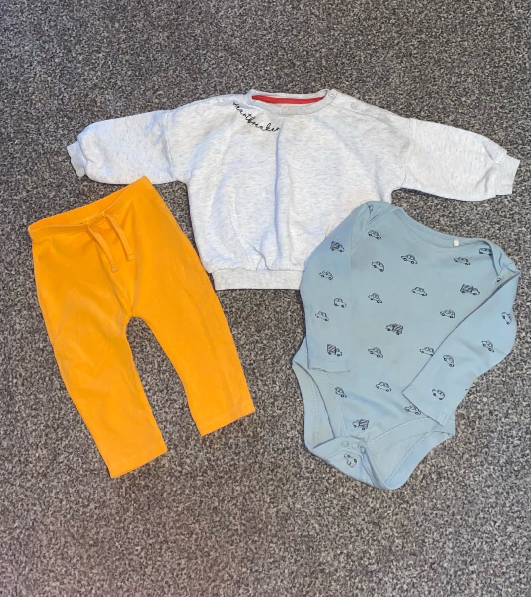 3 Piece Baby Boys Outfit Set - Grey Jumper, Mustard Joggers, Car Bodysuit