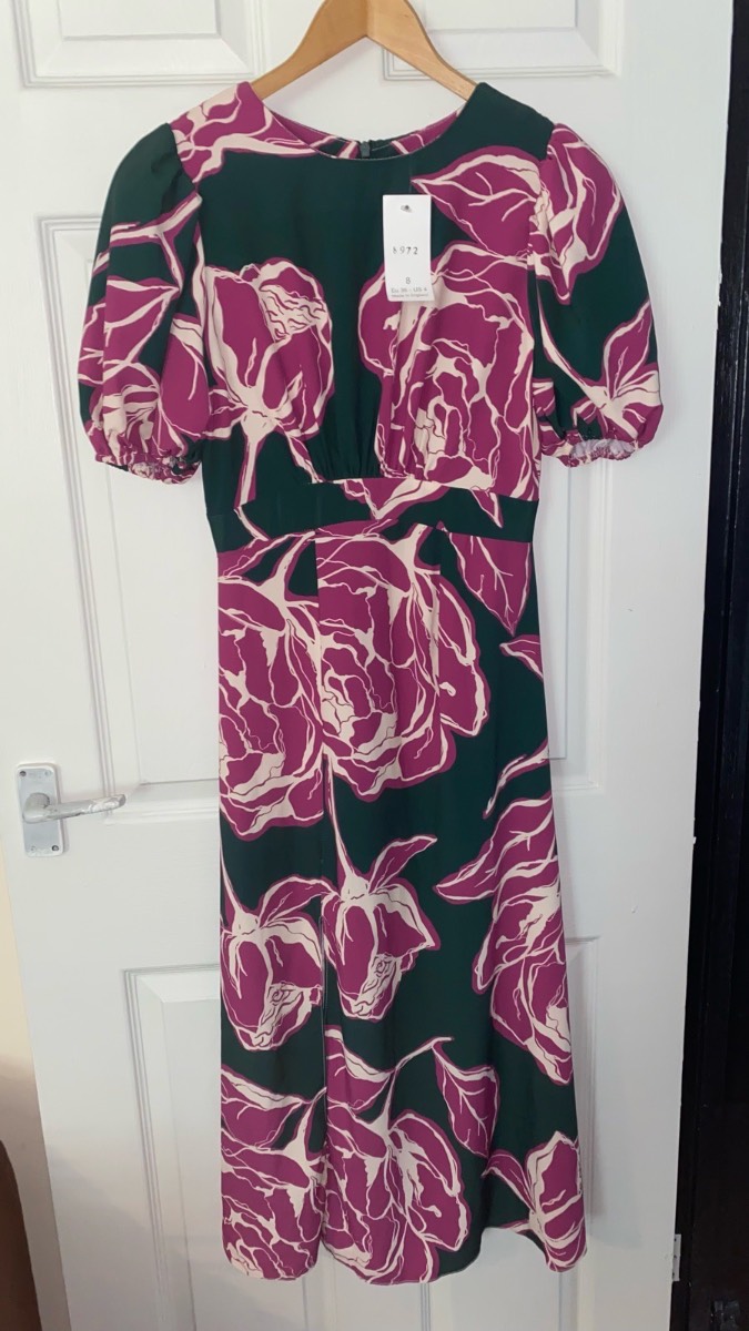 Zack London Green & Pink Floral Puff Sleeve Midi Dress - Size 8 (NWT)