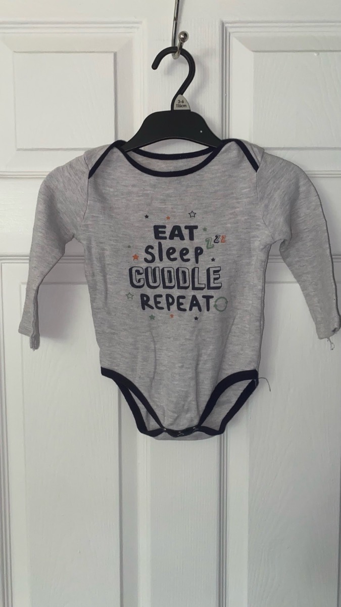 Pep & Co Baby Boy Grey Long Sleeve Bodysuit “Eat Sleep Cuddle Repeat” 18-24 Months Old