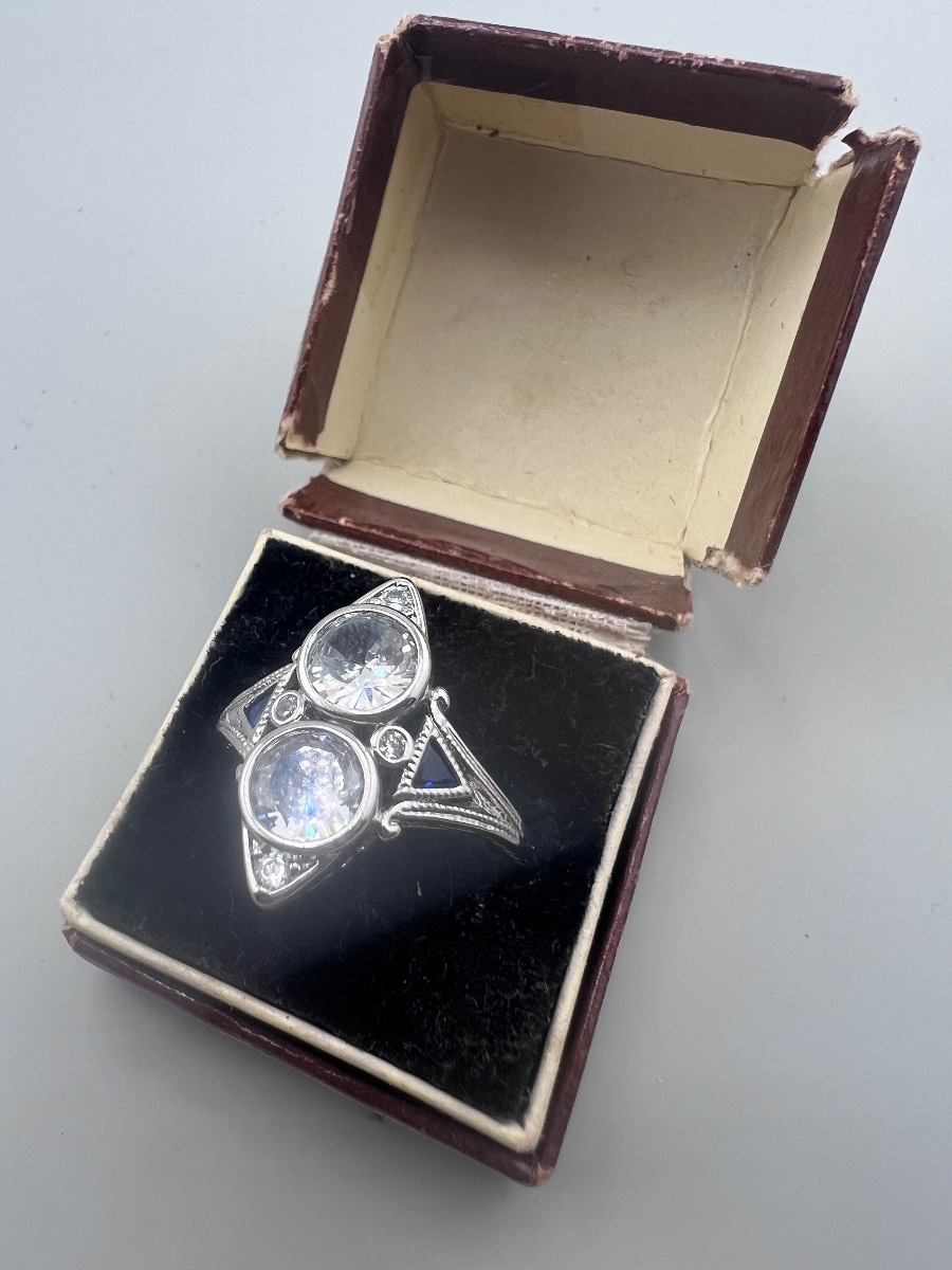 Art Deco Sterling Silver White Stone & Sapphire Ring Size U 4.95g