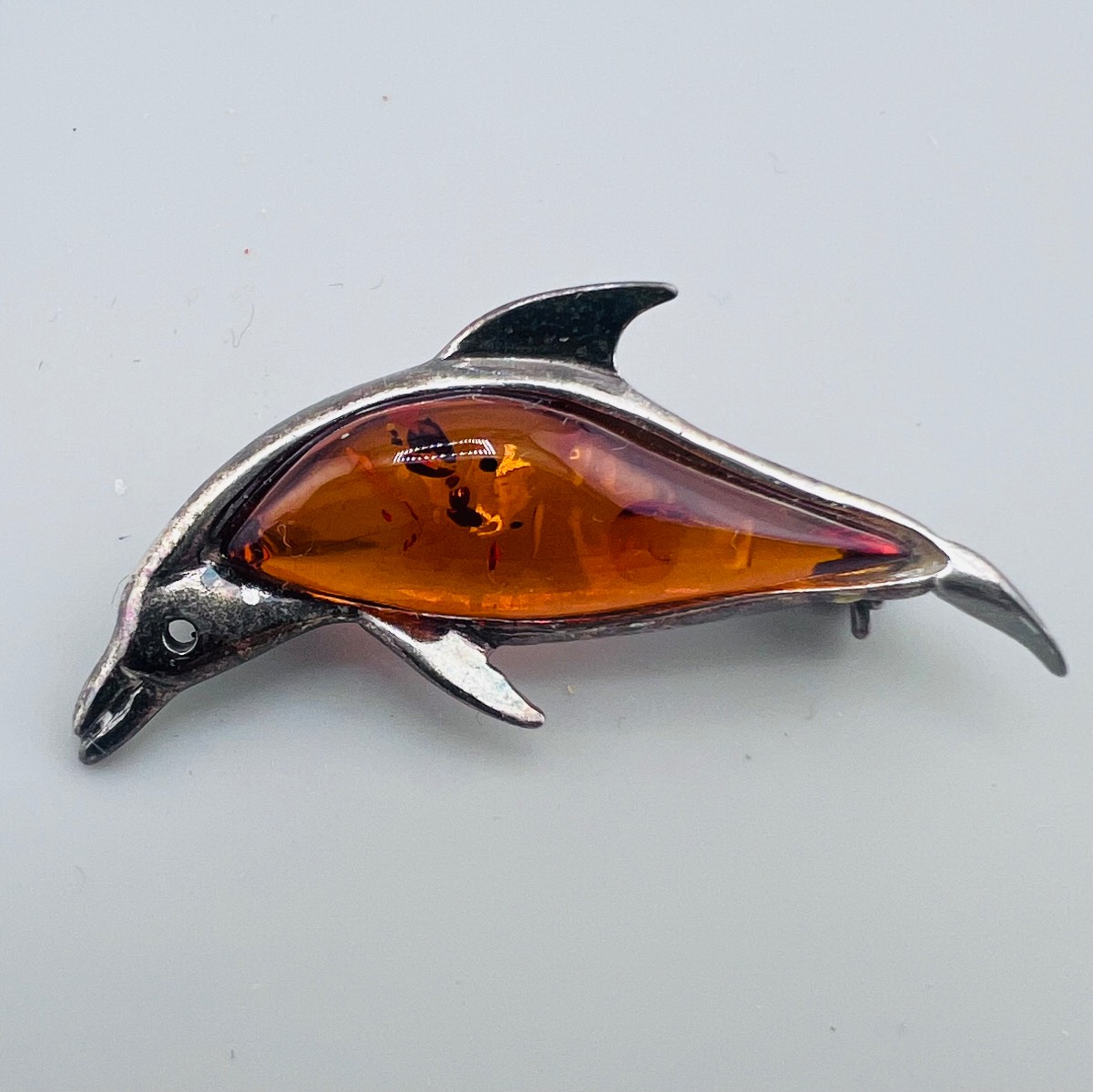 Vintage sterling silver amber dolphin pin brooch